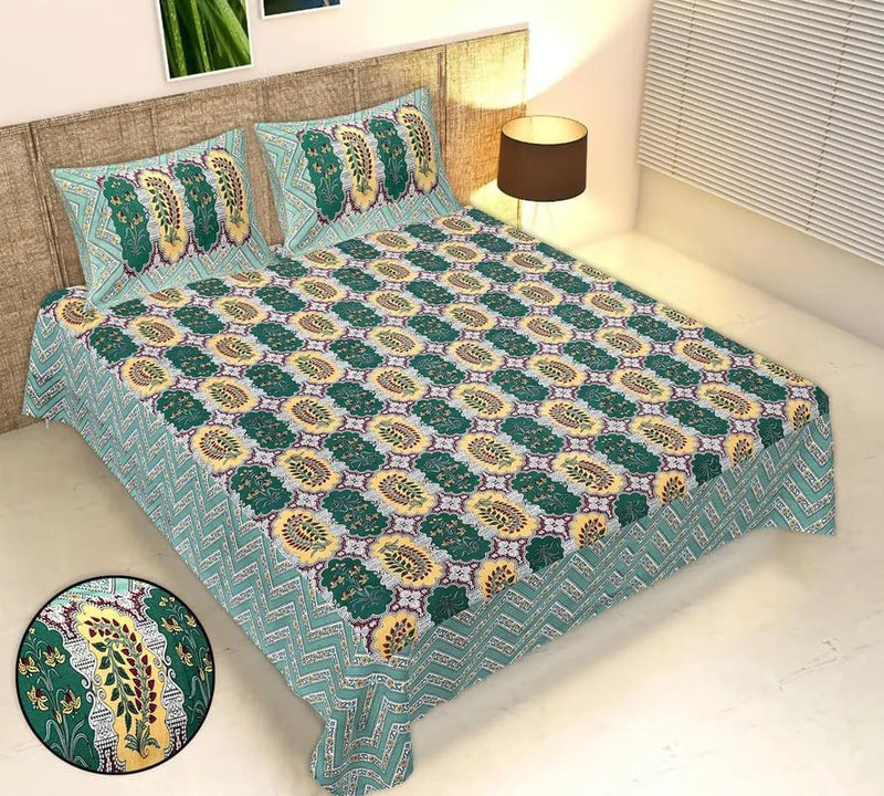 Cotton Fabric Floral Printed Crop Design King Size Bedsheet with Two Pillow Covers Green-ETH-OXF-128-GRN