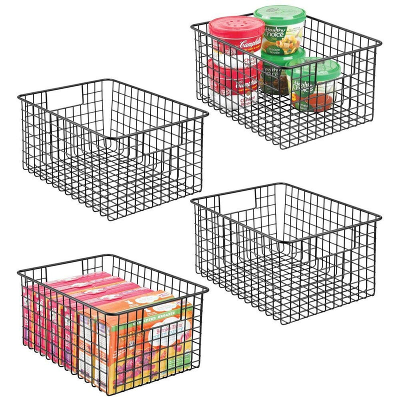 shiok decor™multipurpose steel Basket with Handles - for Kitchen Cabinets, Pantry, Bathroom, Laundry Room, Closets, Garage, 10" x 10" x 5.5" - 4 Pack - Black