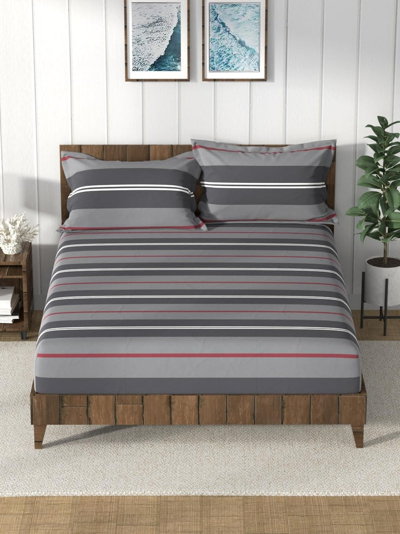 Nautica Super Soft 100% Cotton King Bedsheet and 2 Pillow Covers -3pc Set (Bristol) Stripe-Grey