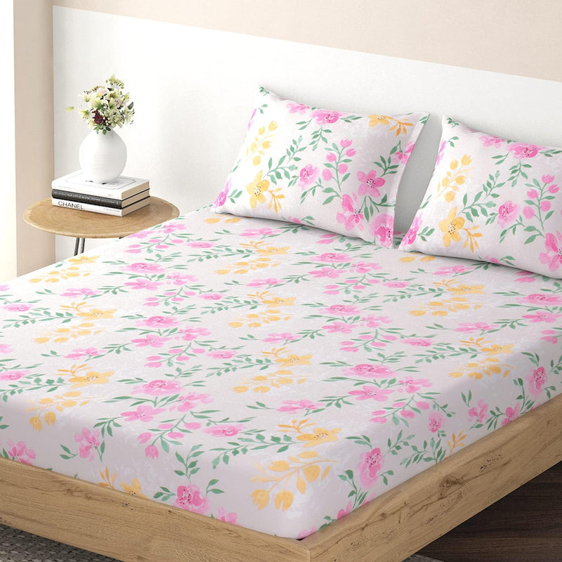 HOKIPO Brushed Microfiber 135 GSM Printed Fitted Bedsheets Queen Size with 2 Pillow Cover, Floral Beige (NEW-634-D12)