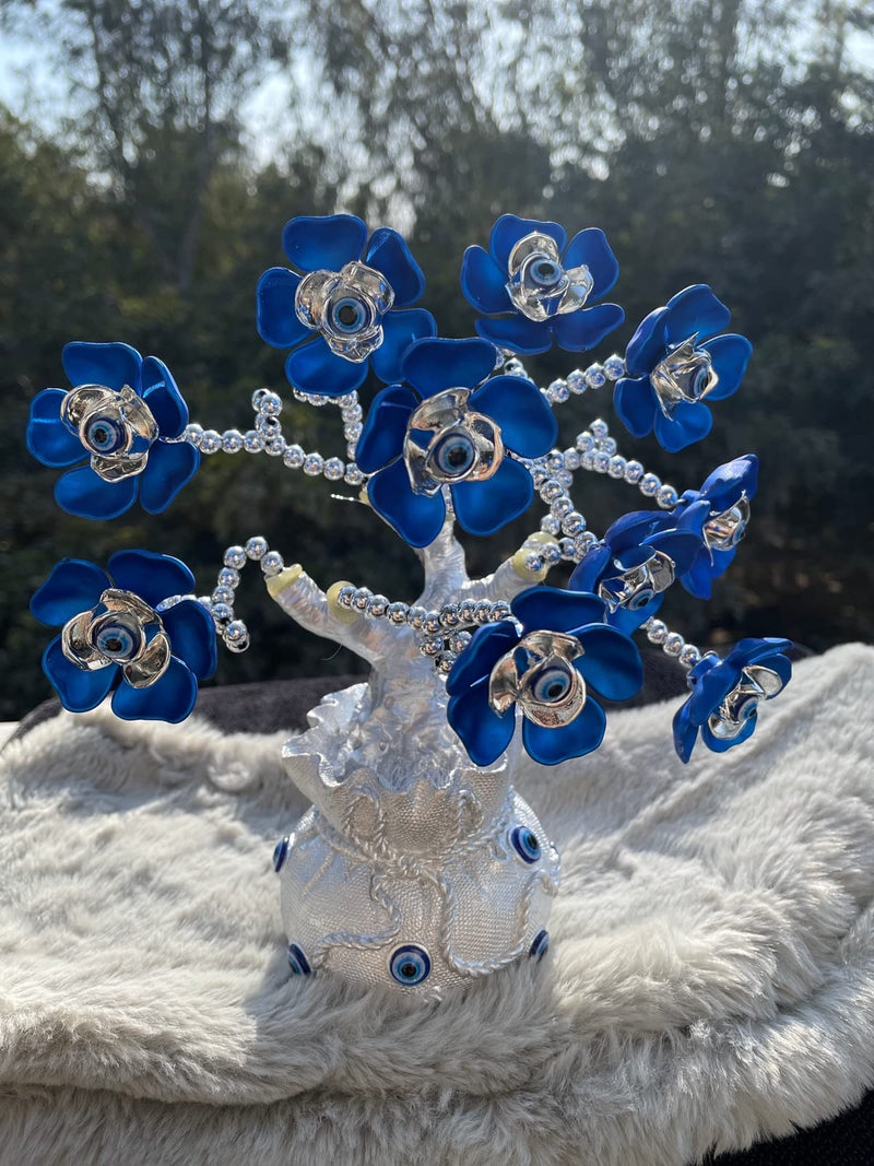 Blue Beads Turkish Evil Eye Flowers Tree with Silver Money Bag Feng Shui Protection Wealth Prosperity Table Centerpiece Ornament for Home Office Decor Protection Gift