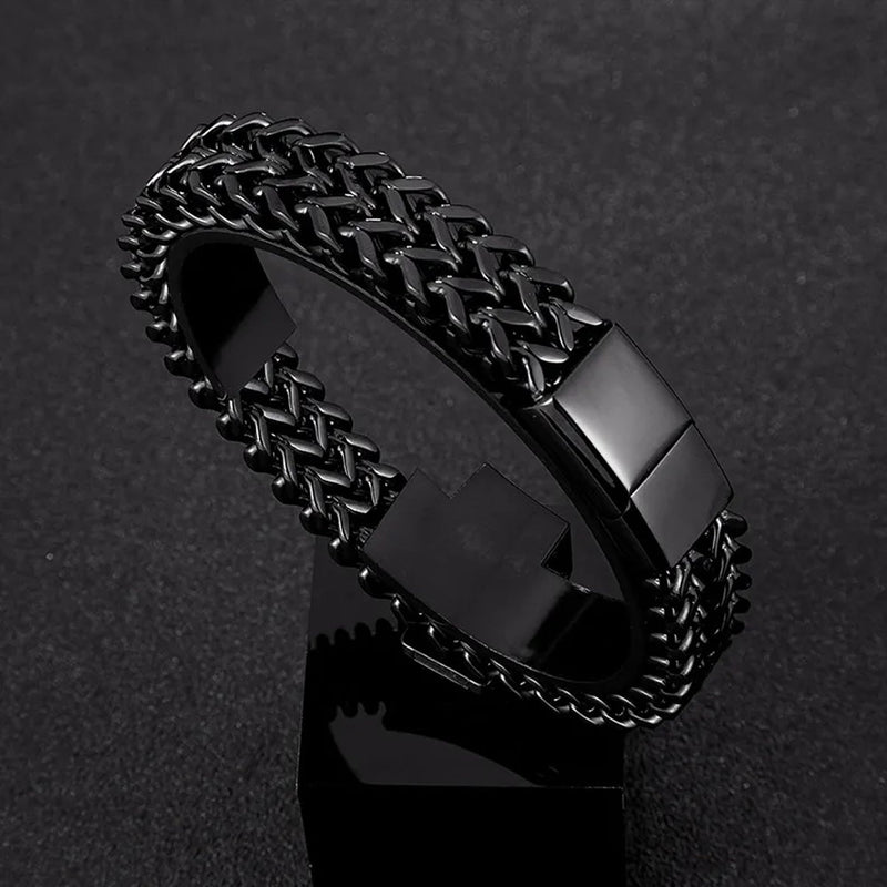 Fashion Frill Black Silver Bracelet For Men Stainless Steel Double Layered Charm Bracelets For Men Boys Love Gifts Mens Jewellery