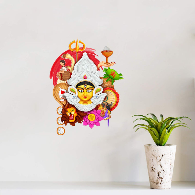 Sticker Studio PVC Vinyl Devi Maa Durga Face 3D MATA Rani Wall Sticker Decal for Wall Living Room, Standard, Multicolor, Pack of 1