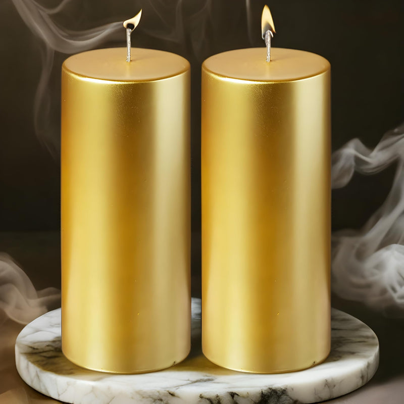 Atorakushon Set of 2 Round Metallic Golden Tall Pillar Candles 5'' Inches Smokeless Dinner Candles for Household Weddings Birthday Party Spa Church Home Décor Gift Valentines