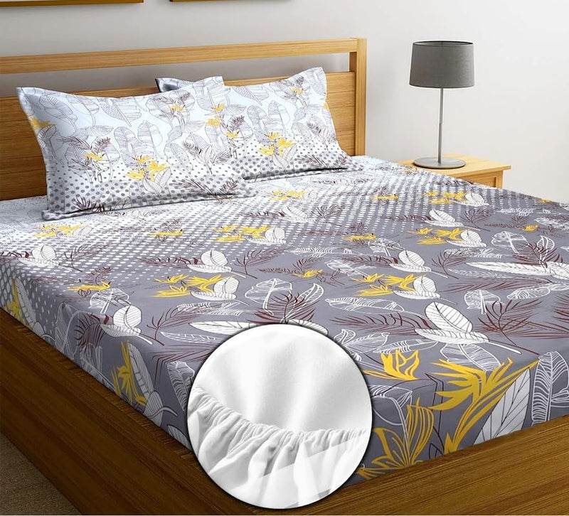 NHD HOME Premium Cotton 210tc Elastic Fitted Bedsheets with 2 Pillow Covers | Double/King Bed with All Around Elastic Wrinklefree Supersoft Breathable |Size-78 x72+8 inches |Floral, White & Grey