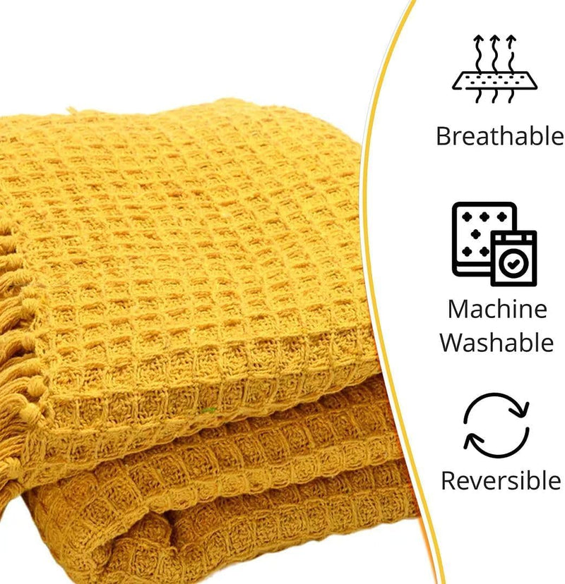 DOLCE CASA Soft Cotton Throw Blanket | Used Both Indoor and Outdoor | Blanket for Living Room, Sofa, Bed & Chair | 130x170 cm- Yellow.