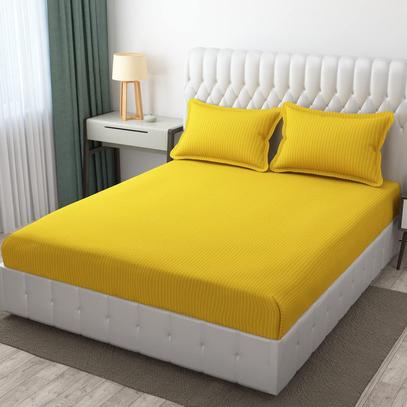 BLISSFUL HOME FURNISHING Cotton Blend Plain Stripe Elastic Fitted King Size Bedsheet With 2 Pillow Cover (90 *100 In Double Bed, Yellow) For 6X6.5 Feet Bed (72X78 In) Which Fits Upto 8 In Matress