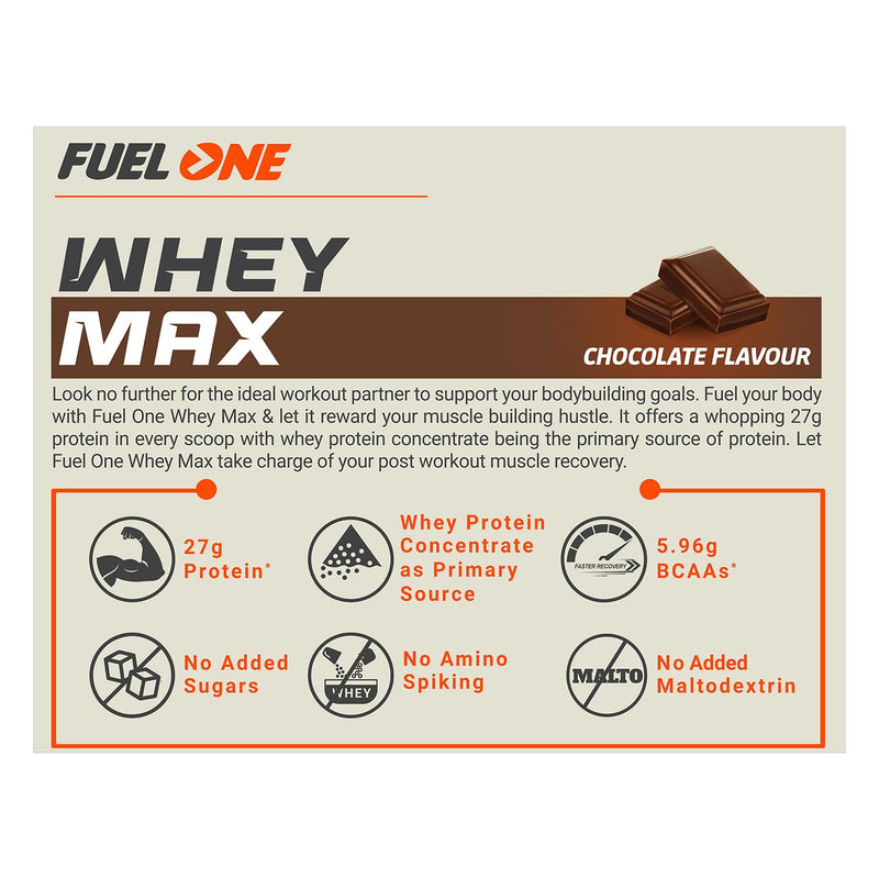 FUELONE Whey Max, Whey Protein Concentrate & Whey Protein Isolate, 27G Protein (Chocolate, 1Kg / 2.2Lb)