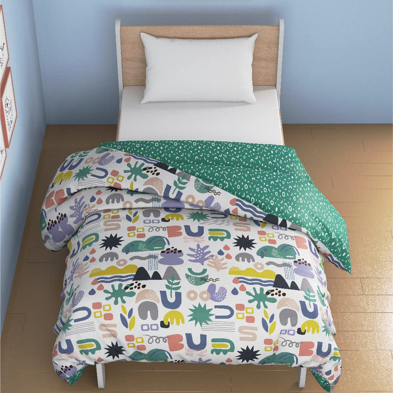 Smartsters Single Bed Reversible Dohar/AC Blanket for Kids | 100% Bamboo Cotton | 110 GSM Cotton Flannel Layer | Oodles of Doodles | 60 x 80 inches | White and Green