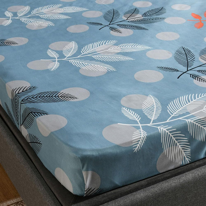 @home by Nilkamal Ammara Leaf Design Polyester Double Bedsheet with 2 Pillow Covers|90 GSM|Lightweight, Soft Seasons|Ideal for Gifting on Any Occassion|90 X 98 inch|Blue and Grey