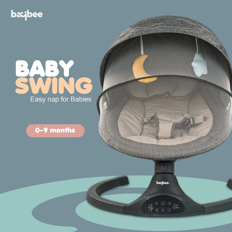 Baybee Premium Automatic Electric Baby Swing Cradle with Adjustable Swing Speed, Soothing Music | Baby Rocker with Mosquito Net, Safety Belt & Removable Baby Toys Swing for Baby (Black)