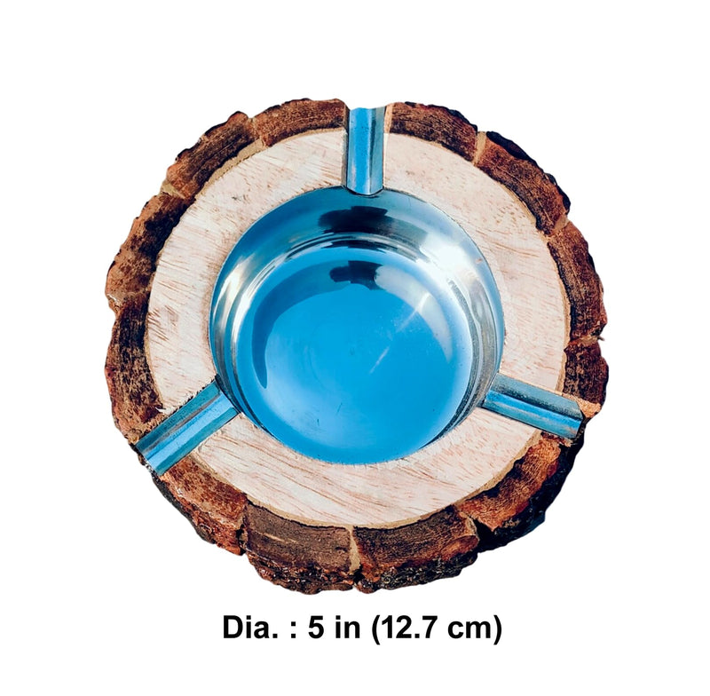 Woodenex Rustic Tree Bark Natural Wood Ashtray with Steel cup inside, Handcrafted Tree Trunk Decorative Ash tray, Dark Brown, Wooden Bark Natural Antique Ash catcher