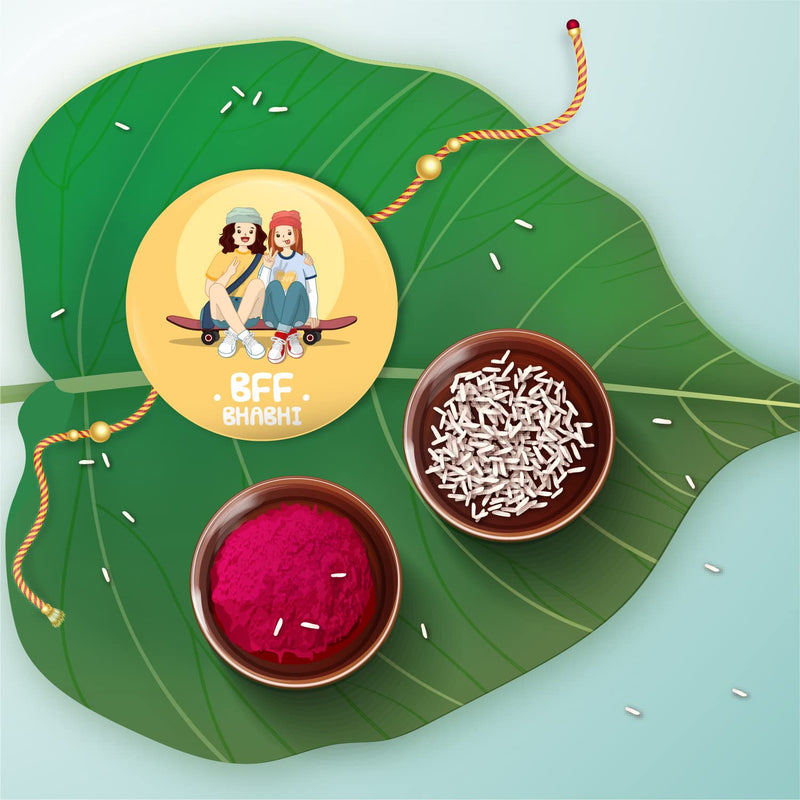 Bhai Please BFF Bhabhi Rakhi with Fridge Magnet for Bhabhi | Set of 1 pc with Roli/Kumkum- Chawal| Kids, Girls Designer, Fancy, Fun, Movie Rakhi Set| with Raksha Bandhan Greetings