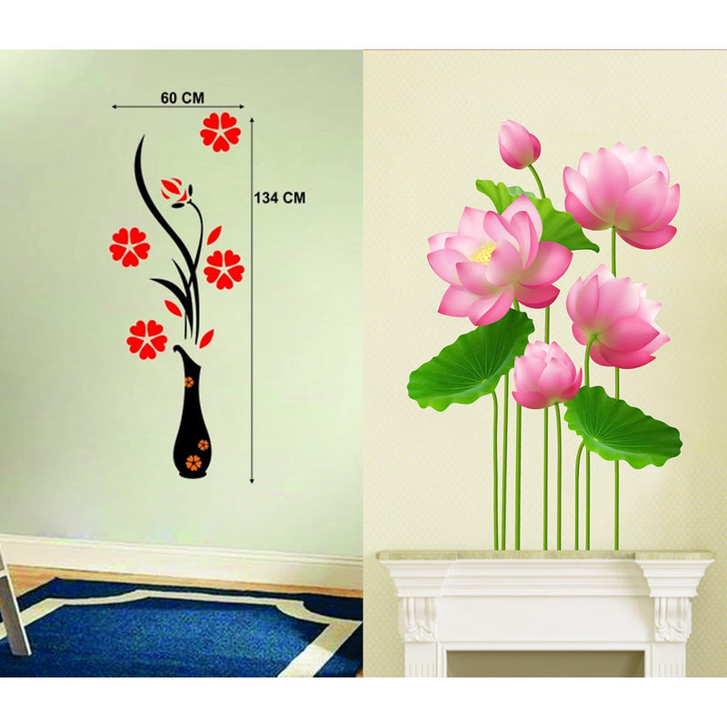 ESP Creation Combo Set of 2 Lotus Flowers | Flower Vase Red Wall Decals for Hall, Bedroom & Kitchen