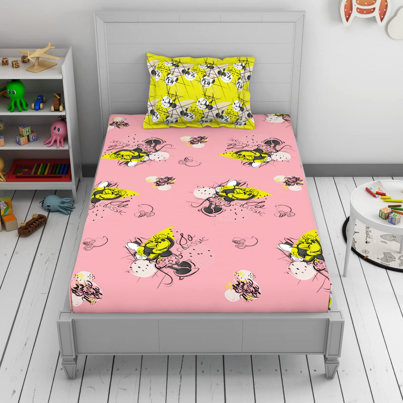 Disney Minnie 100% Cotton Breathable Machine Washable Great Value Single Bedsheet (Character, 152cmx228cm/43cmx68cm) - Pink