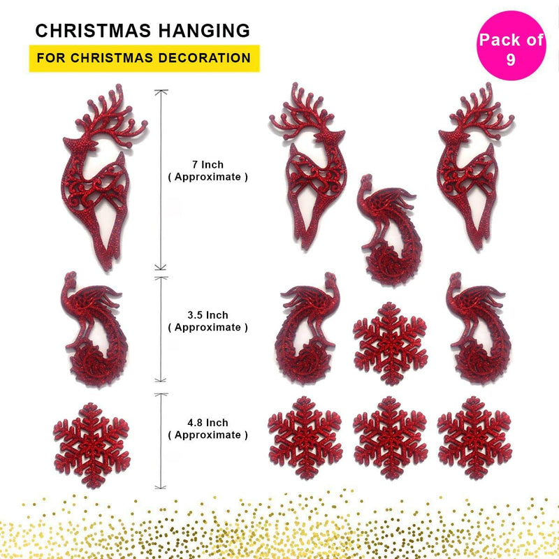 Pop The Party Christmas Tree Ornament Glitter Raindeer, Peacock and Snowflex for Festive Home Holiday Hanging Xmas Party Decoration Pack of 9 (red)