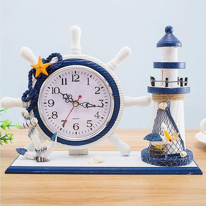 NOBLJX Lighthouse Mantle Clocks Ocean Nautical Clock Decor for Living Room Desktop Solid Wood Mediterranean Style for Kids Bedroom Bedside Home Decoration