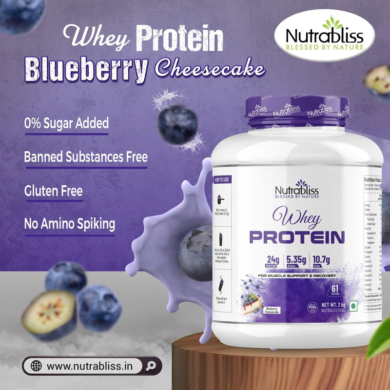 Nutrabliss Premium Pure Whey Protein Concentrated blended with digestive enzymes and probiotics | 100% tested and guaranteed Whey Protein - 24 Gram Protein per serving (Blueberry CheeseCake, 2 Kg)