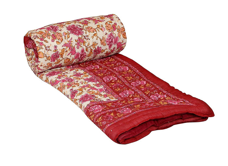 Hopee Shop- 210 TC Jaipuri Traditional Hand Block with Floral Printed Cotton Soft Single Bed Rajasthani Reversible Quilt (Queen, Off White Green)