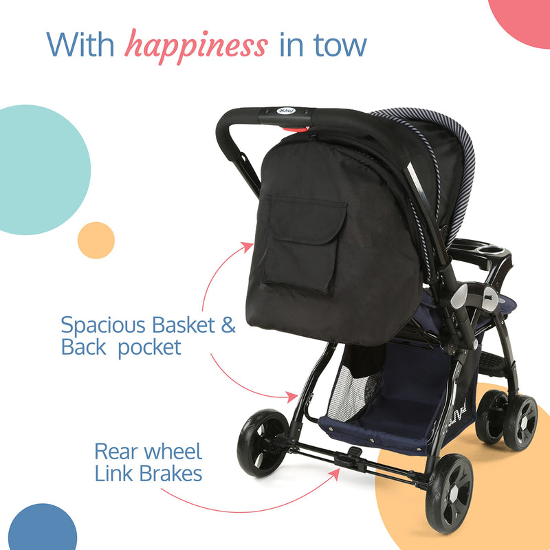 LuvLap Galaxy baby stroller, Pram for baby with 5 point safety harness, Spacious Cushioned seat with Multi level seat recline, Easy Fold, Lightweight baby stroller for 0 to 3 years (Black)