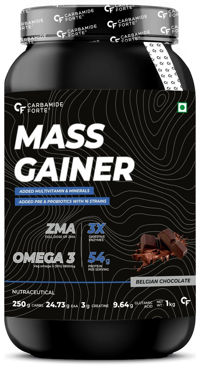 Carbamide Forte Mass Gainer with 54g Protein, 250g Carbs, Multivitamin, ZMA & Creatine 3g - Weight Gainer for Men & Women - Belgian Chocolate Flavour - 1kg