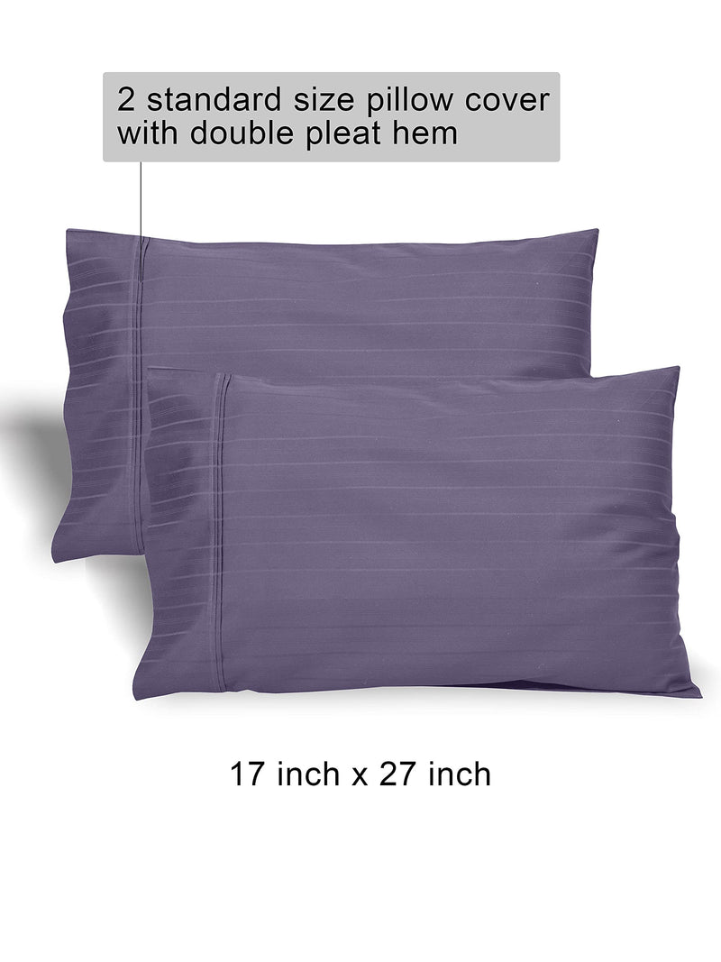 Livonti 100% Cotton Satin 600 Tc Stripes King Size Fitted Bedsheets with All Around Elastic and 2 Pillow Cover | 78x72 inch - Purple Sage