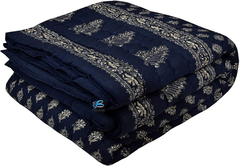 BRULD Jaipuri Razai Rajasthani Traditional Golden Printed Hand Stitched Blanket King Size Winter and Summer Soft Light Weight Ac Quilt Rajai Original Pure Cotton Comforter (Blue, Double Bed)