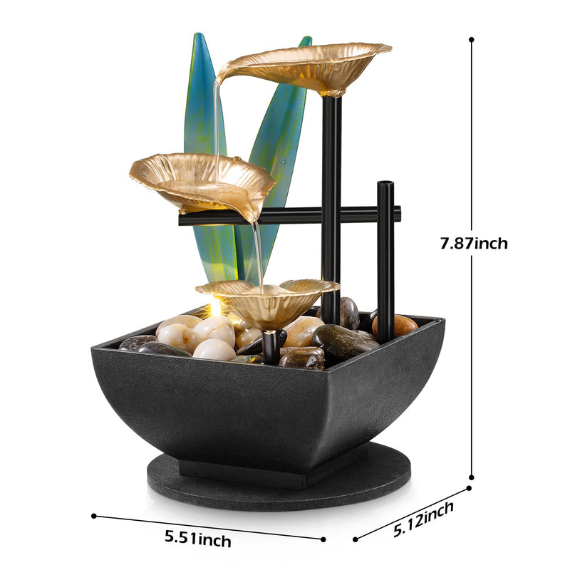 Tabletop Fountain Desktop Fountain 3-Tier Indoor Golden Lotus Leaf Relaxation Fountains Tabletop Waterfall, Office Home Decor Including Lots of Natural River Rocks and Warm Yellow Scene Light