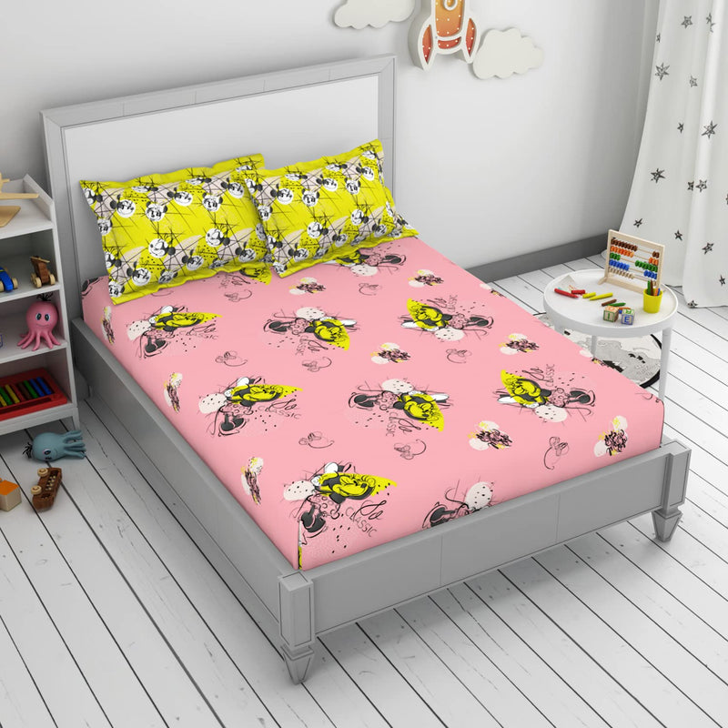 Disney Minnie 100% Cotton Breathable Machine Washable Great Value Double Bedsheet (Character, 229CMX254CM/43CMX68CM) - Pink