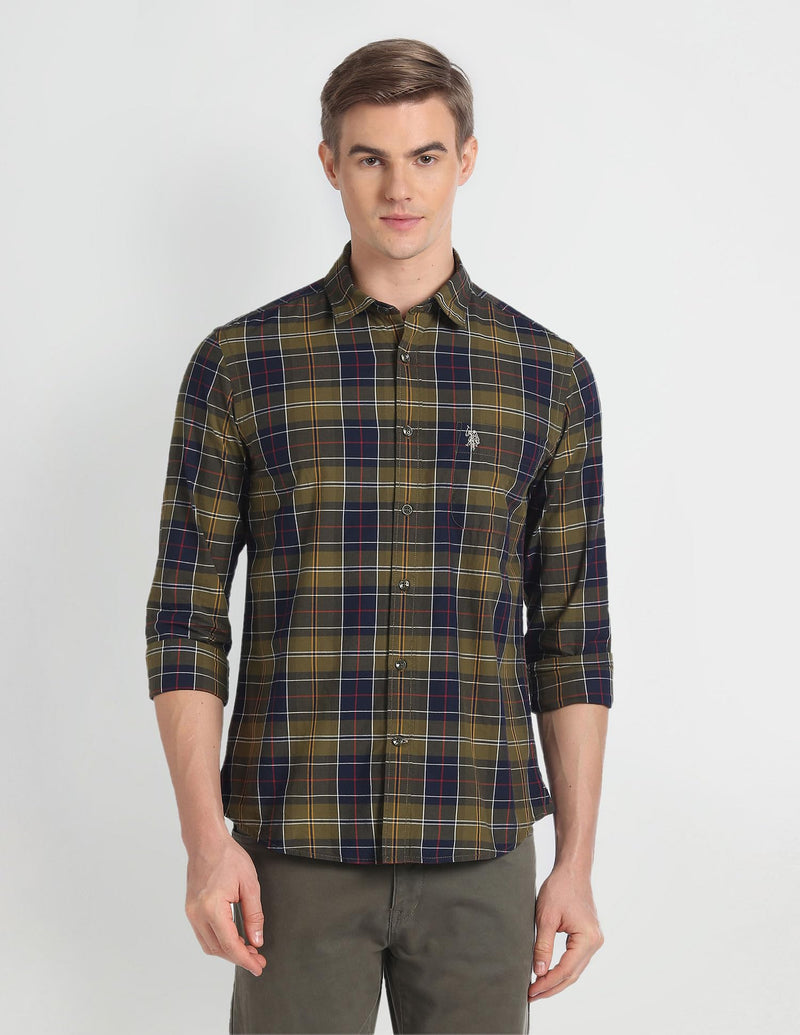 U.S. POLO ASSN. Men's Checkered Slim Fit Shirt (UDSHT0718_Olive