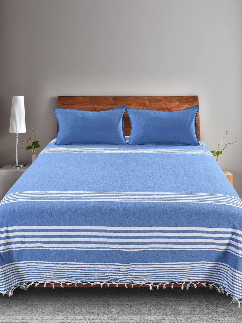 Saral Home Cotton Striped King Size Bedsheet with 2 Pillow Covers (Blue 100X108 Inch)