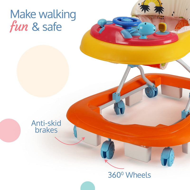 LuvLap Sunshine Baby Walker with Parental Push Handle, Anti Fall, Anti Skid Mechanism, Height Adjustable with Light, Rattle & Music Toys, Cushioned Walker for Baby 6-18months (Orange)