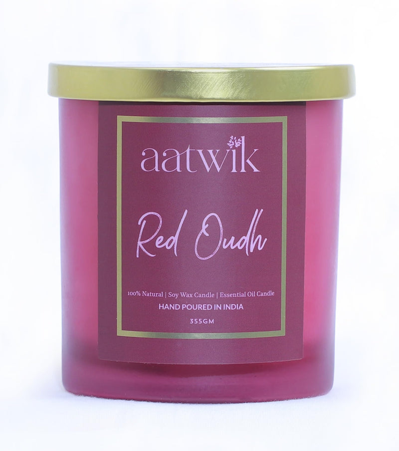 Aatwik Red Oudh Scented Soy Wax Candle with Upto 70 Hr Burn Time Rose and Oudh Essential Oils Fragrance Jar Candle (350 gm)