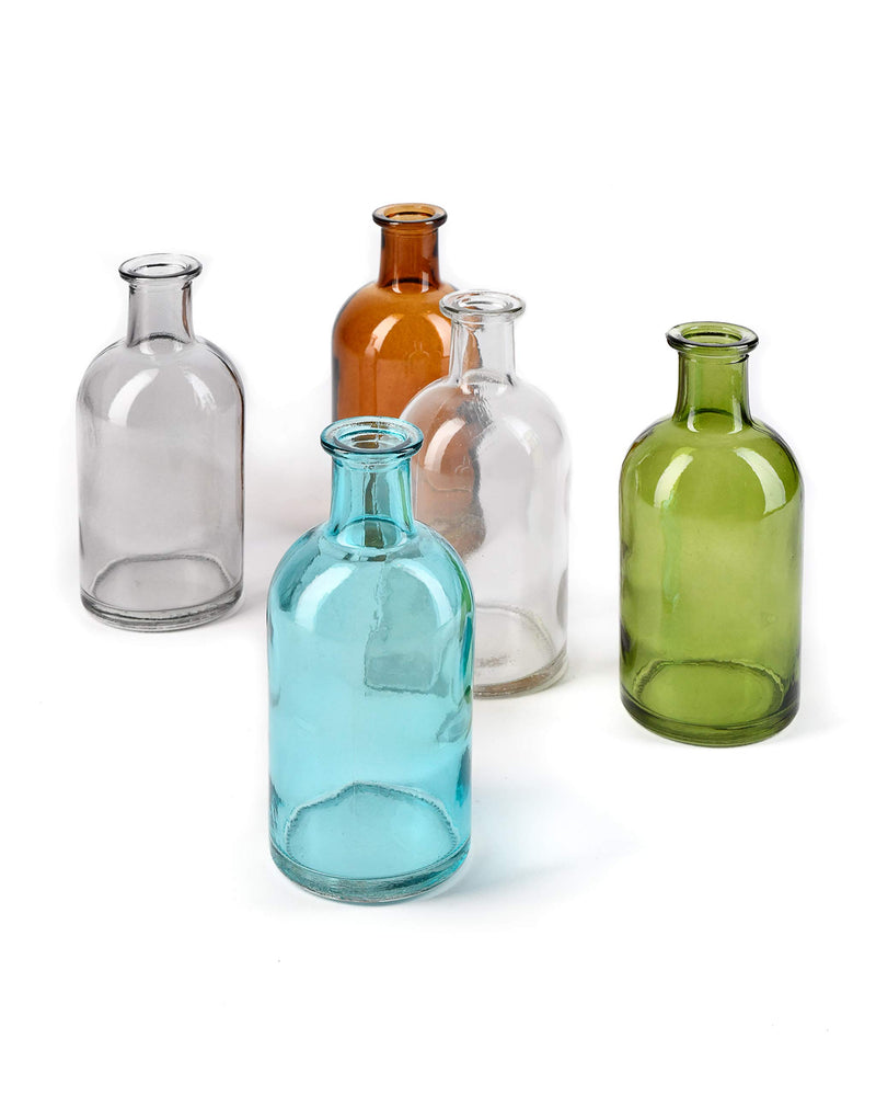 Serene Spaces Living Blue Medicine Bottle Bud Vases, Set of 6 - Semi-Transparent Antique Vases Provide Vintage Style Anywhere, 5.25" Tall