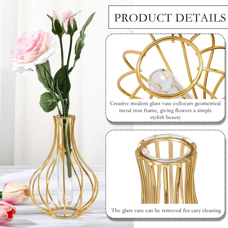 CentraLit Gold Decorative Metal Flower Golden Vase, Gold, Test Tube Glass Shape, Iron Art Frame, Decorative Holder for Home, Office, Wedding