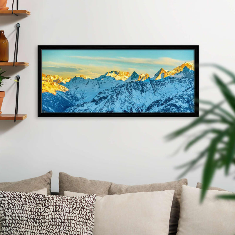 ArtzFolio High Mountains Peaks At Sunset | Canvas Painting for Bedroom & Living Room | Black Frame | 27.6 x 12 inch (70 x 30 cms)