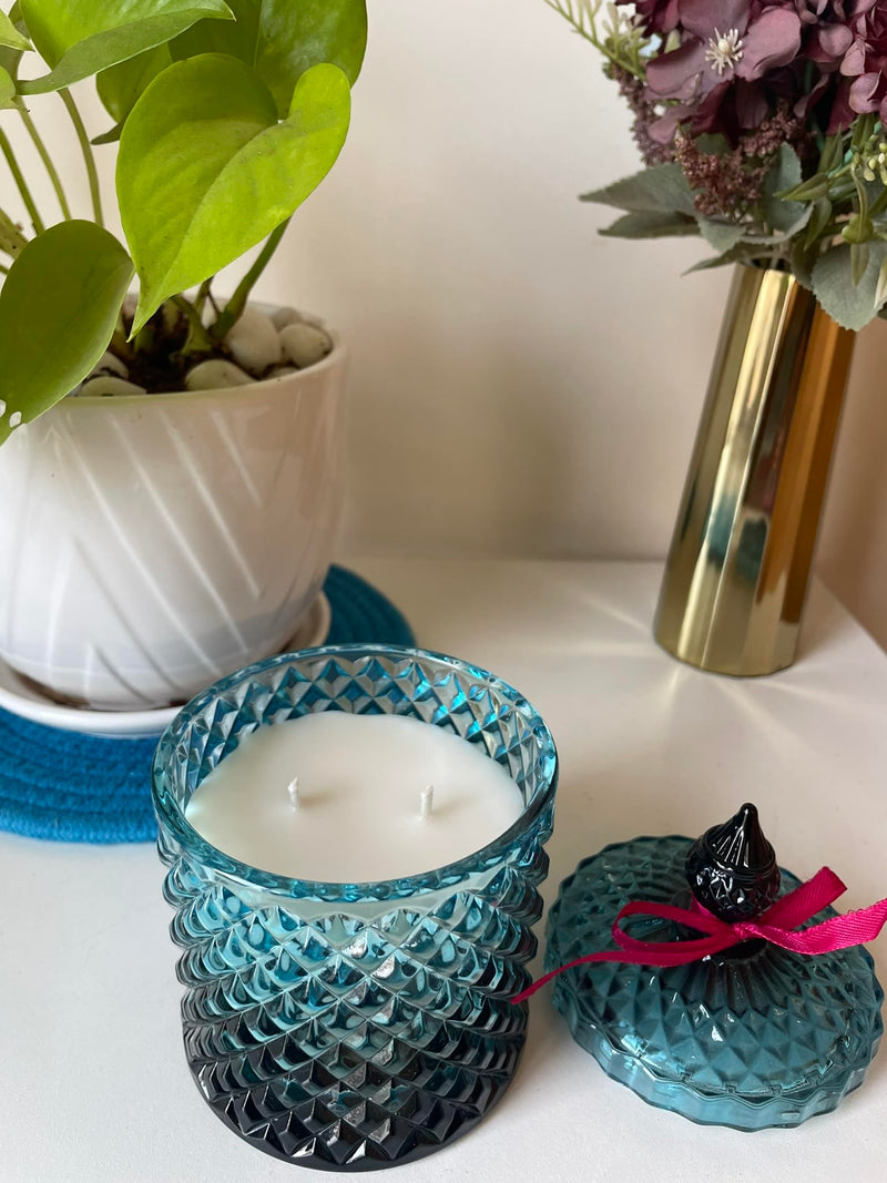 Blue Crystal Jar Soy Candles, Scented Candle Set in Decorative Glass Holders (Pomo Grenade)