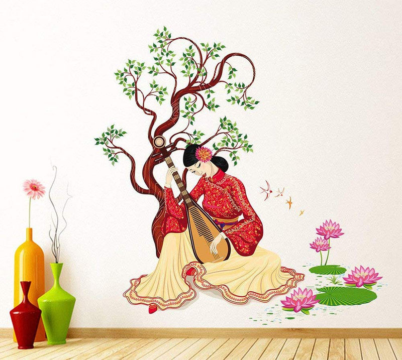 Artway 'Chinese Girl Playing Lute Under The Tree' Decorative Wall Sticker for Living Room, Bedroom (PVC Vinyl, 50 cm x 70 cm x 1 cm), Multicolour (Red)