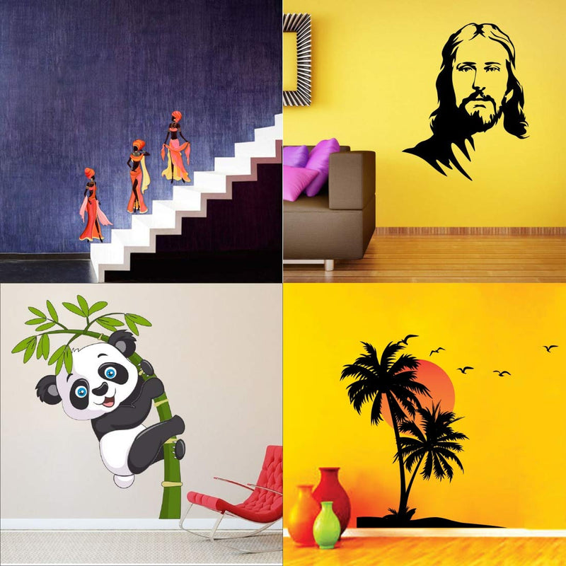 Walltech Combo of 4 Wall Sticker Three Tribal Lady-(51 x 60 cms) | Jesus Christ-(60 x 50 cms) | Baby Panda-(120 x 95 cms) | Beach with Sunset-(55 x 60 cms) - Material Vinyl