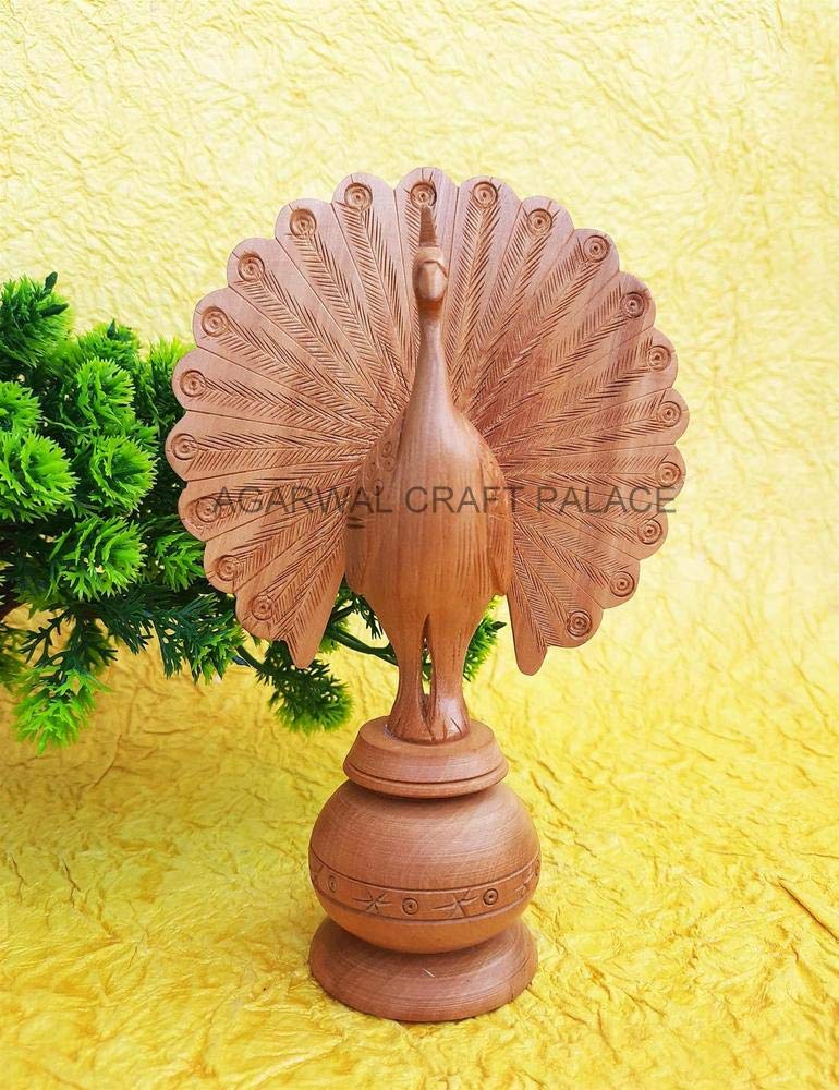 Agarwal Craft Palace Wooden Peacock, Wood Carving Peacock, Dancing Peacock, Peacock Showpiece, Wooden Peacock for Home Decor, Peacock Statue, Rajasthani Wooden Art, Open Feather Peacock (6 Inch)