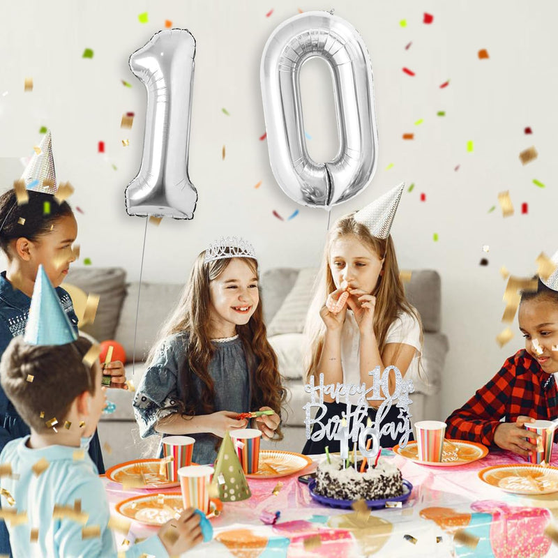 10th Birthday Decorations for Girl with 10th Birthday Sash and Tiara, 10th Birthday Cake Topper, Number 10 Candles, and 10 Number Balloons, 10 Birthday Party Decorations Gifts Silver