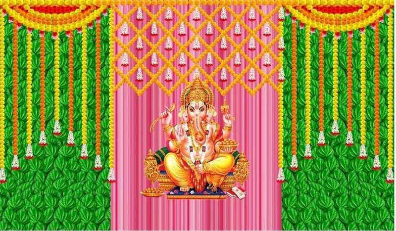 Talambralu Ganesh Ji Design Backdrop Curtain Cloth for Pooja Decoration/House Warming Function/Traditional Events 8 Ft Width * 5 Ft Height Washable Fabric/Easy to Maintain (Off-White)