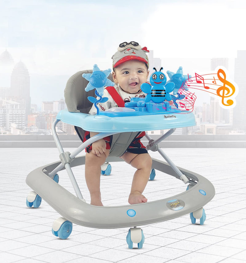 Dash Butterfly Baby Walker with 3 Position Adjustable Height Music & Light, Foldable Activity Walker, Baby 6-18 Months boy, Walker for Kids (Capacity 20kg | Blue)