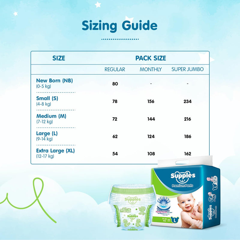 Supples Premium Diapers, Large (L), 124 Count, 9-14 Kg, 12 hrs Absorption Baby Diaper Pants