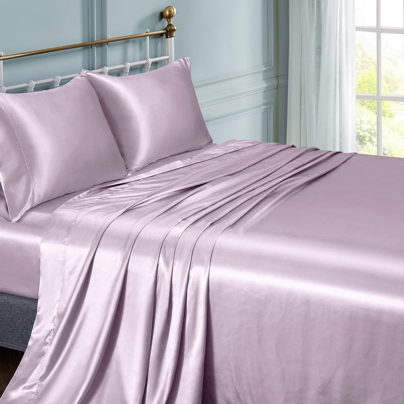 Vonty Satin Sheets Full Size Silky Soft Satin Bed Sheets Luxury Lavender Satin Sheet Set, 1 Deep Pocket Fitted Sheet + 1 Flat Sheet + 2 Pillowcases