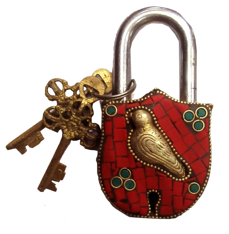 Aesthetic Decors Lock W/Keys Bird Design W/Stone Work