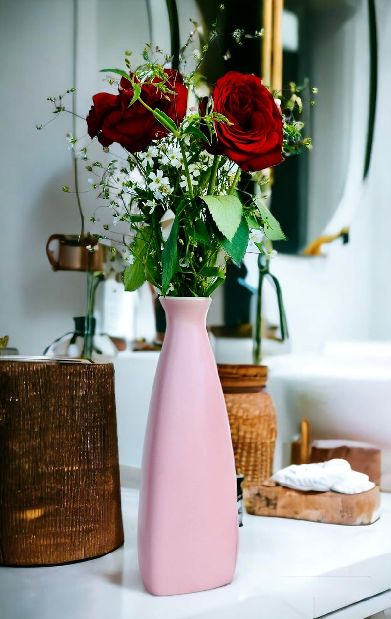 URBAN SENSE Ceramic | Triangular Bottle Shape Modern Flower Vase | Dry Flower Vase | Home Decor | Office Table | Living Room Center Table Premium Matte Finish (Light Pink Single)