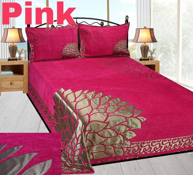 Furnistitchs Velvet Chenille Bedsheet for Double King Size Bed with 2 Pillow Covers - Royal Bedding Set, Pink Flower