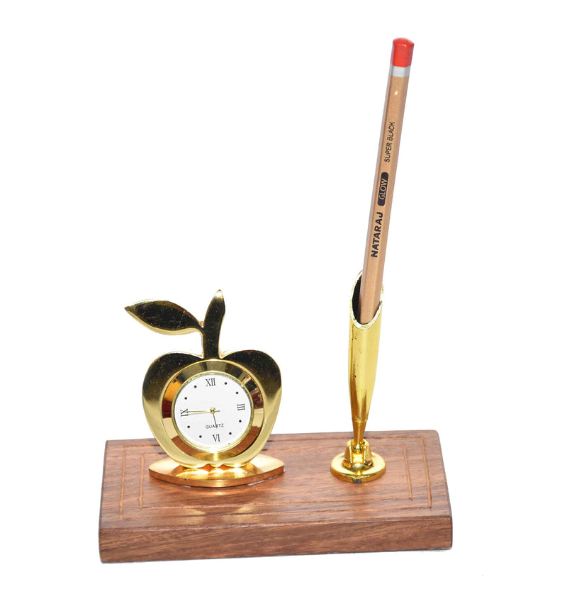 Msa Jewels Gold Plated Table Clock and Pen Holder with Red Velvet Box -Ideal Gift for Loved Ones