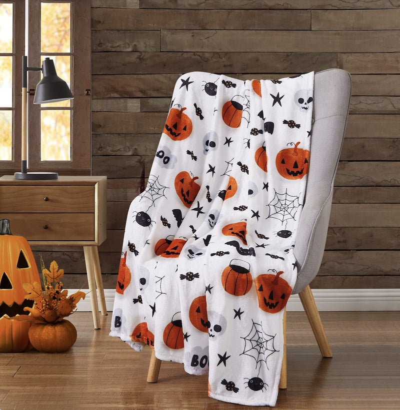 Serafina Home Halloween Blanket Throw: Fuzzy Boo! Jack O'Lantern Spider Webs Skull and Black Cats Print on Velvet Fleece for Sofa Bed Couch Chair Dorm